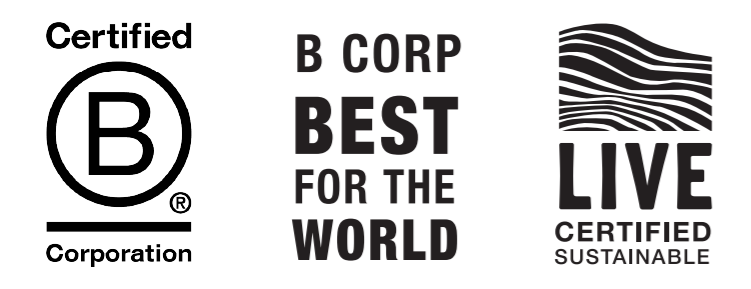 Certified B Corporation logo, B Corp best for the world logo and Certified Sustainable logo