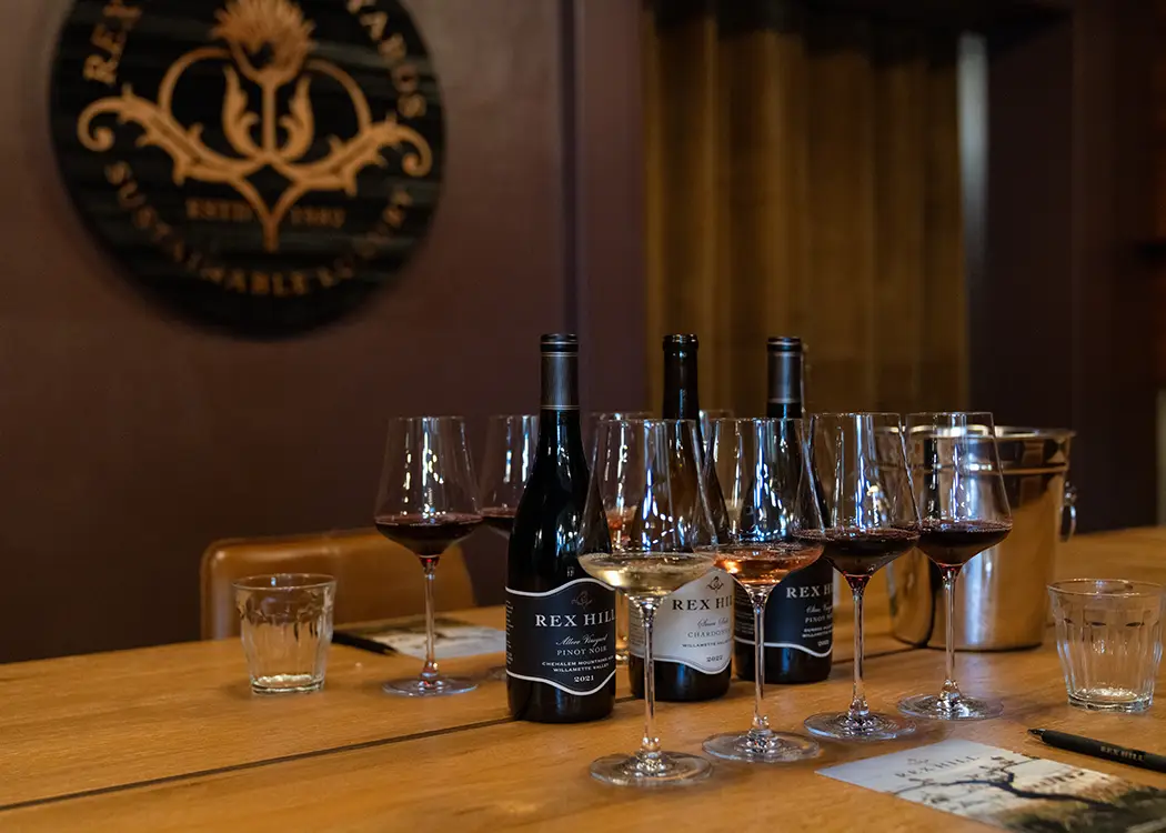 Private event tasting in the Cedar Room at Rex Hill.