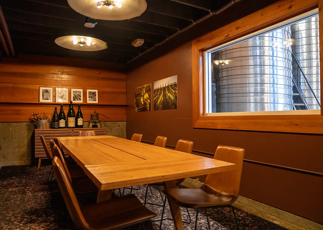The cedar room at Rex Hill showing the window overlooking the production facility.