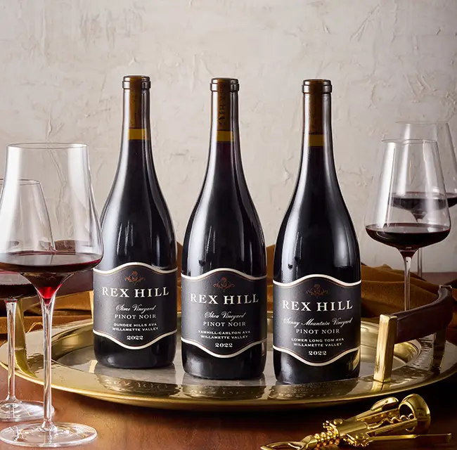 Rex Hill wines on a gold tray.